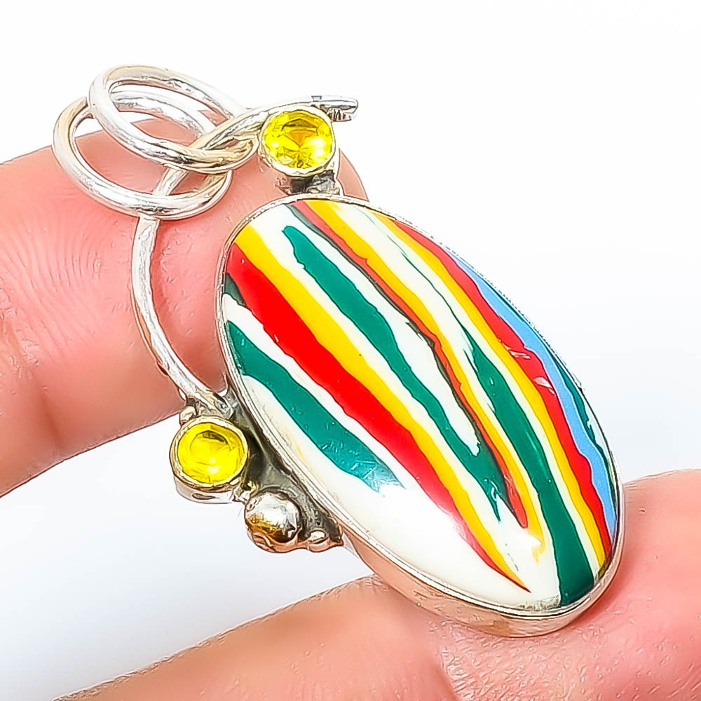 Rainbow Calsilica & Citrine 925 Sterling Silver Pendant 1.68″ A330 Gift for her