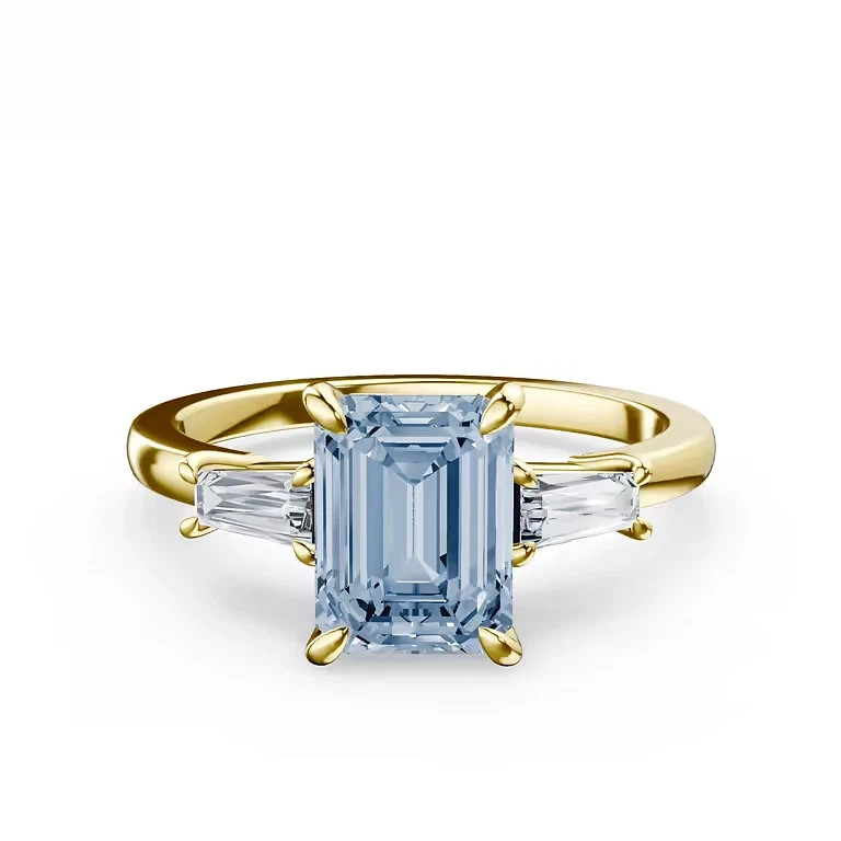 Fancy Vivid Blue Diamond Ring IGI Lab Grown 3.20 Ct Emerald Cut 14k Yellow Gold