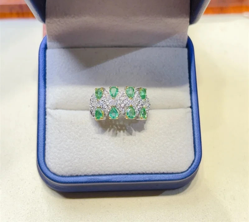 Natural Emerald Double Layer Band Ring 3x4mm 925 Sterling Silver with Platinum