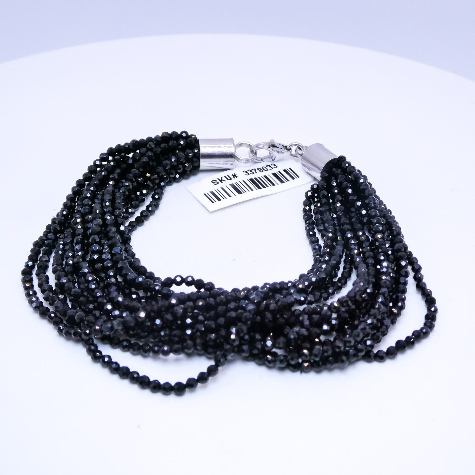 New Sterling Silver Black Spinel 100ctw Faceted Beaded Multi Strand 7″ Bracelet