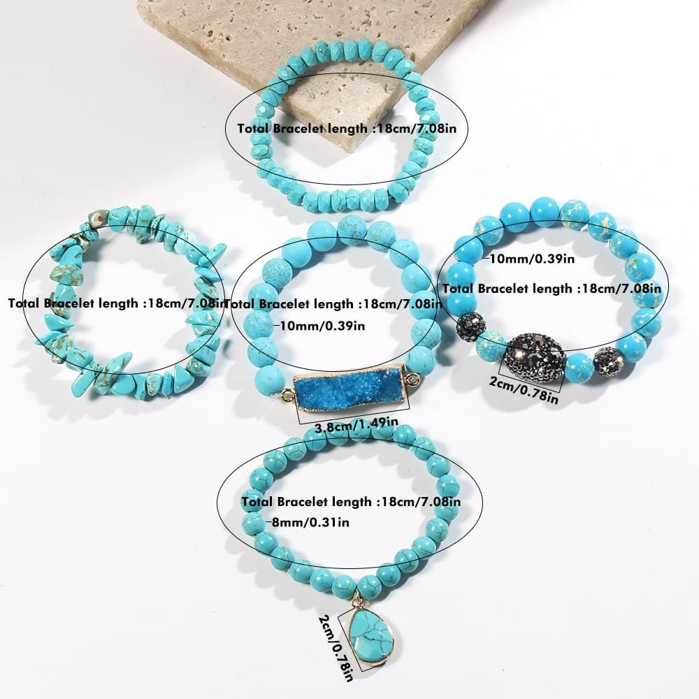 5Pcs Boho Natural Stone Beaded Stretch Bracelet Set Turquoise Crystal Jewelry