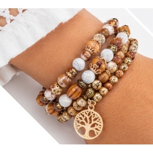 Tree of Life Stretch Bracelet 4-Set Earth Tone Wood & Stone Nature Spiritual