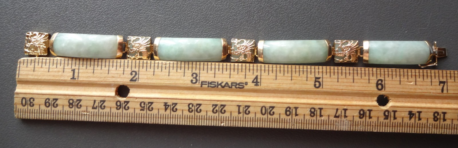 Vtg Chinese 14K Yellow Gold Jade Link Dragon Panels Bracelet Pale Green Celadon