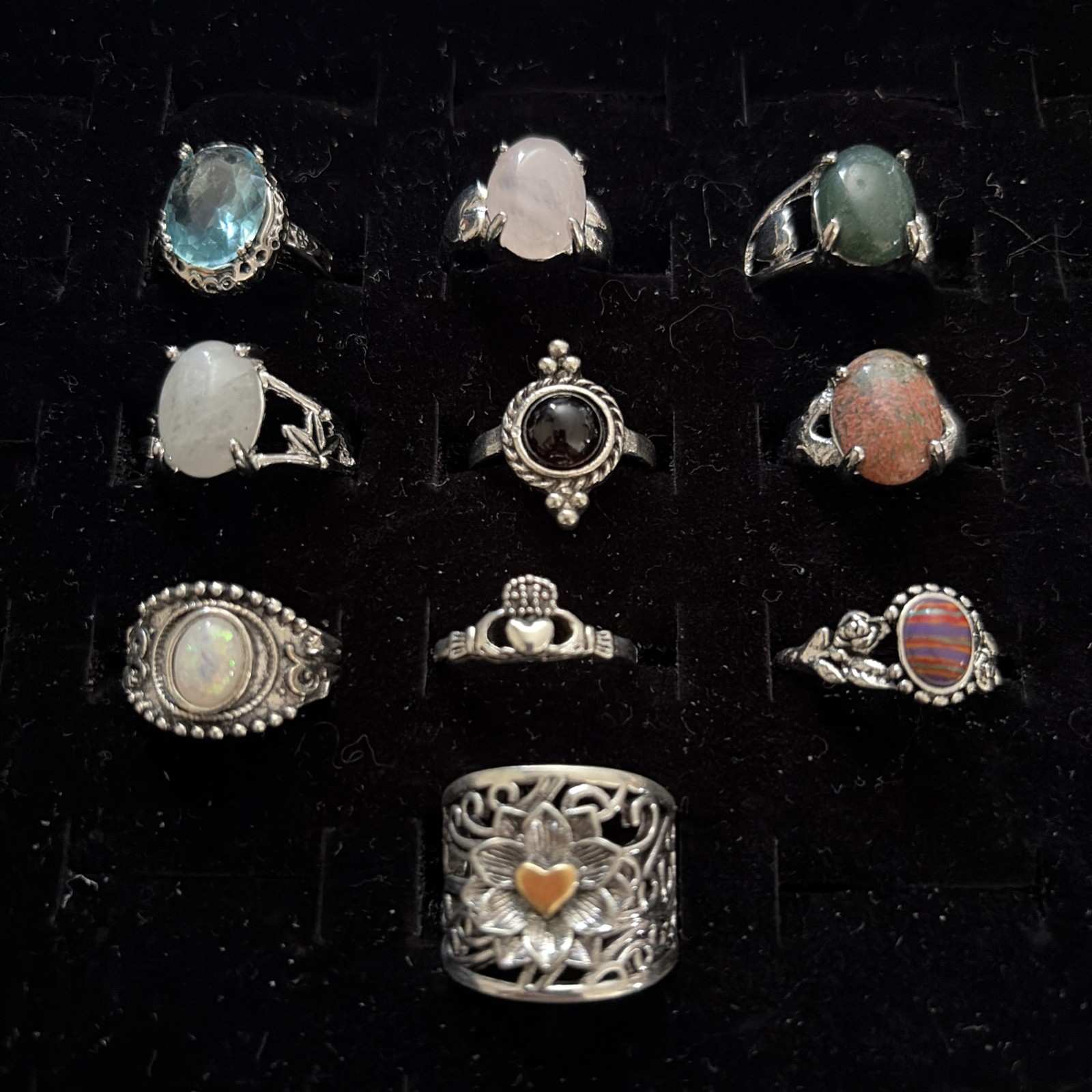 Lot of 10 Silver Tone Costume Jewelry Rings Mixed Styles Sizes & Stone Colors