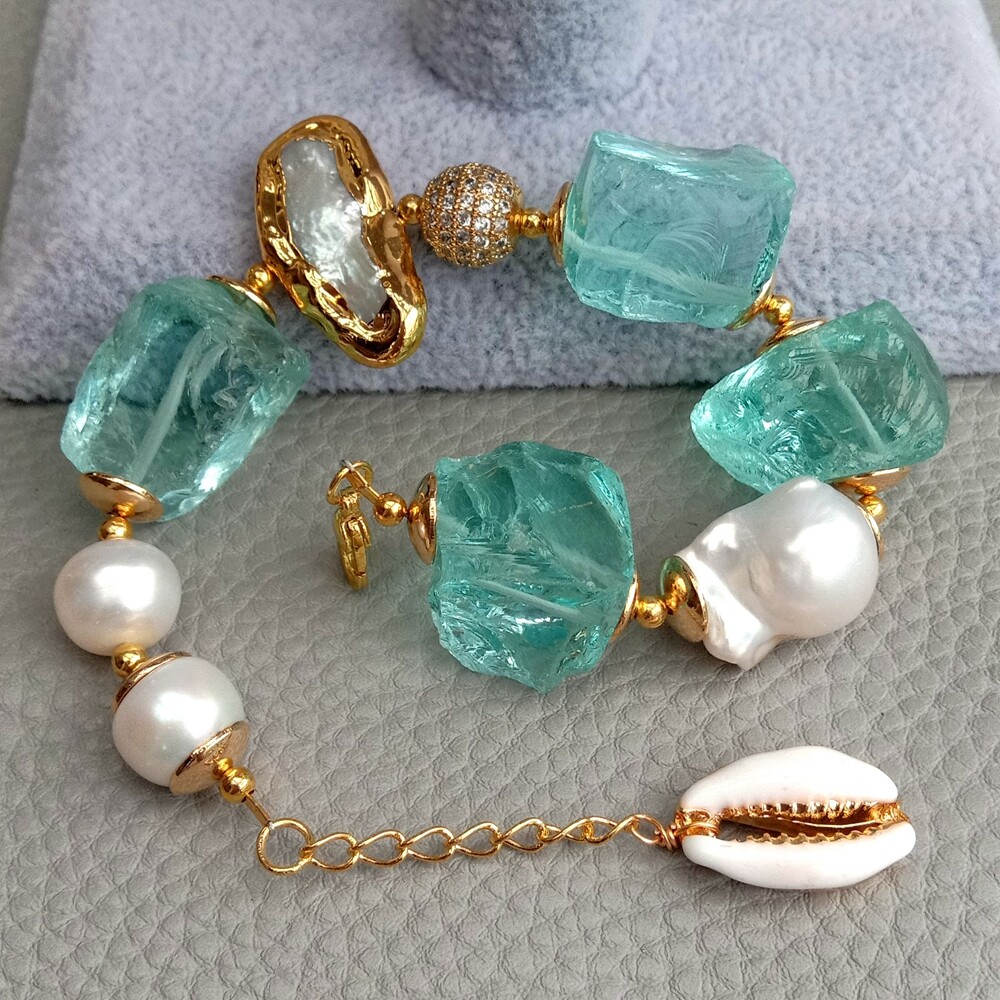 Cultured White Keshi Pearl Biwa Pearl Blue Glass Rough Bracelet 8″