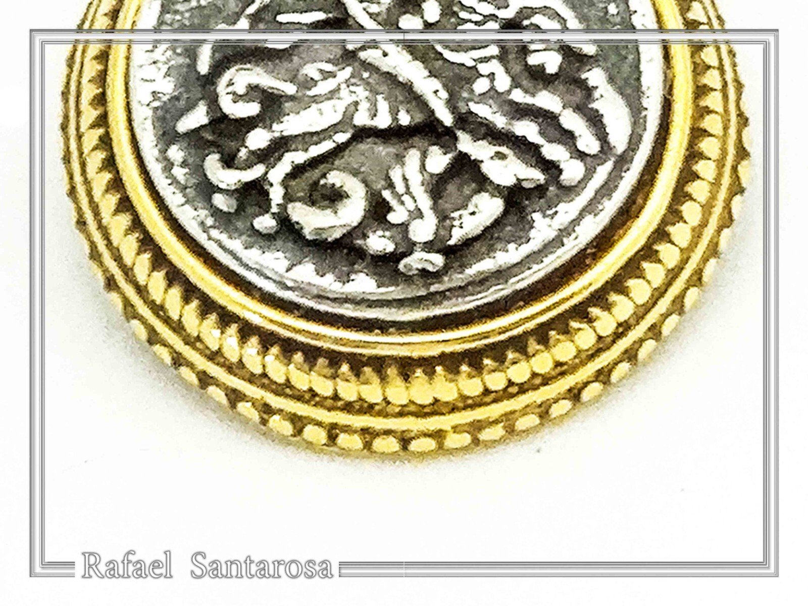St. George killing Evil talisman charm oxidized silver coin 18ct filligree decor