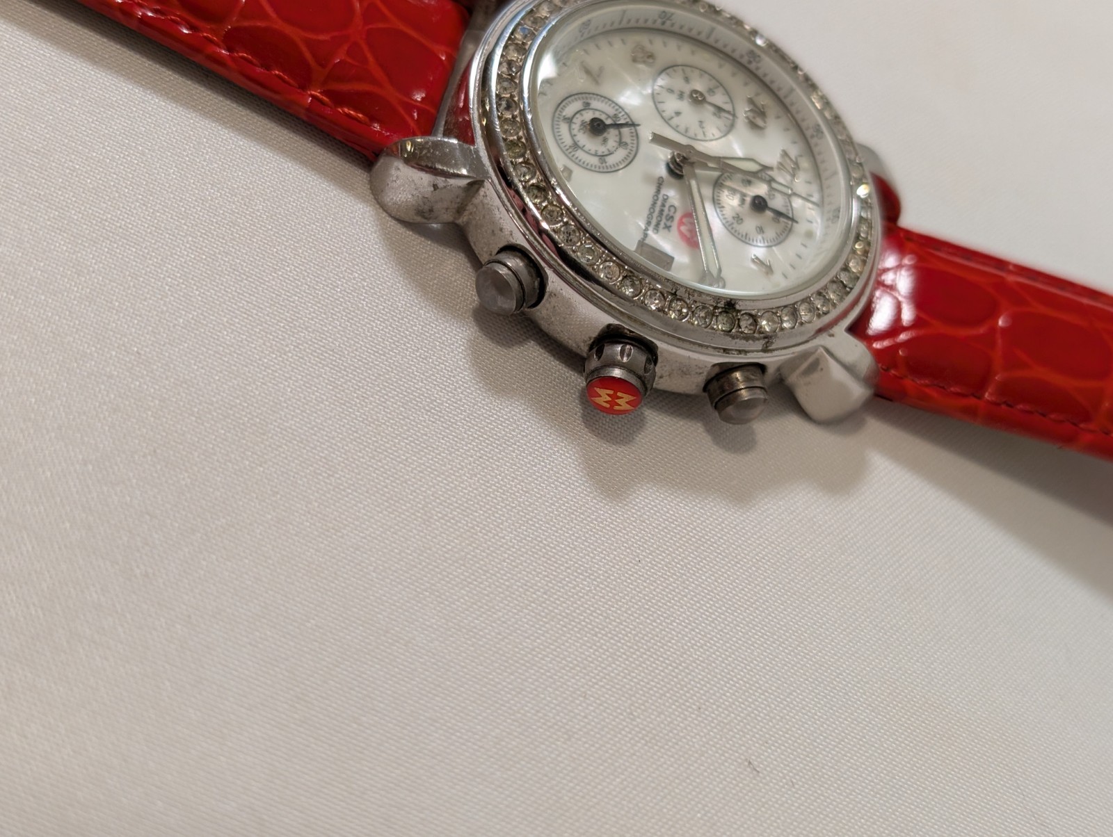 MICHELE CSX Diamond Chronograph Mother of Pearl Watch Red Leather Swiss