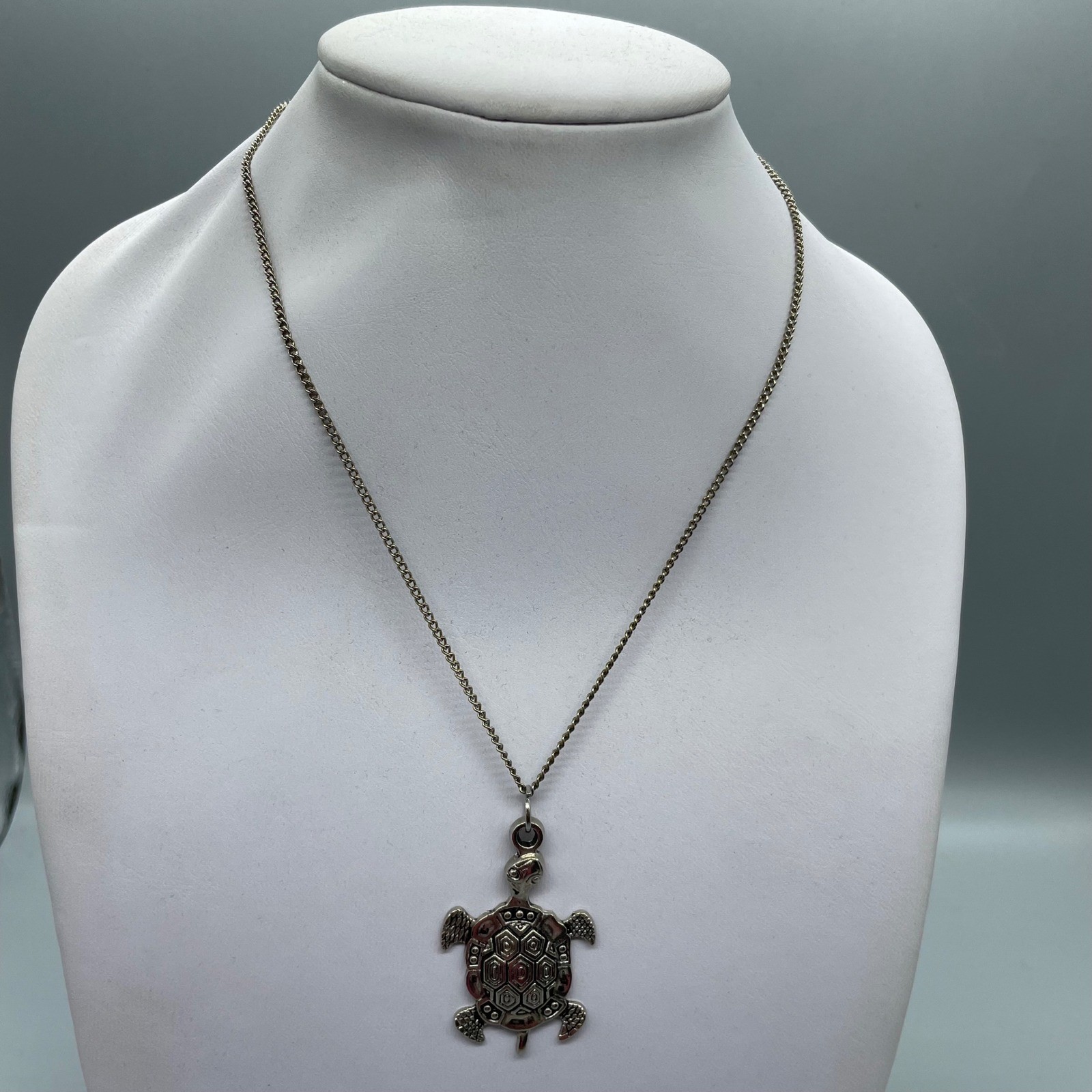 Silver Tone Sea Turtle Pendant Necklace 18 Inch Chain Coastal Boho Jewelry
