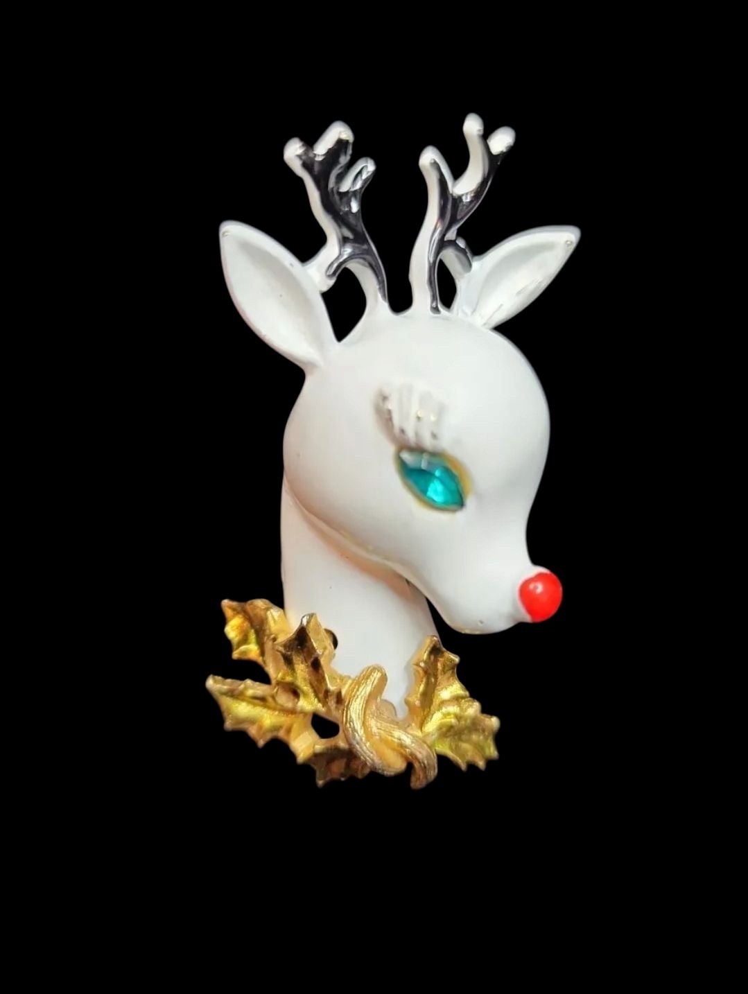 Vtg ART Arthur Pepper White Enamel Rudolph Jeweled Eye Brooch 1950s Christmas