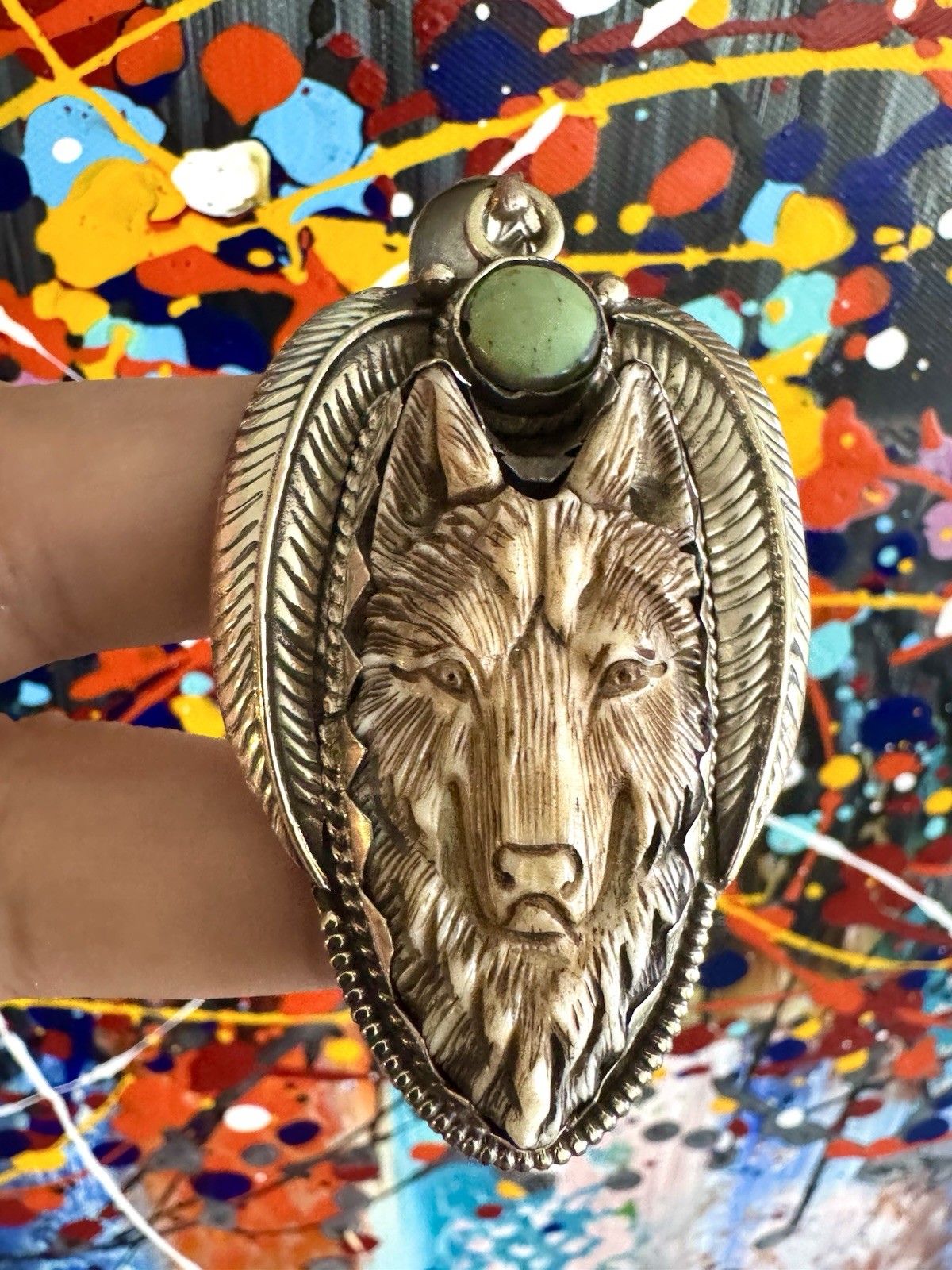 Hand Carved Bone Pendant,Wolf Art,Auspicious Floral Carving,Turquoise & Silver