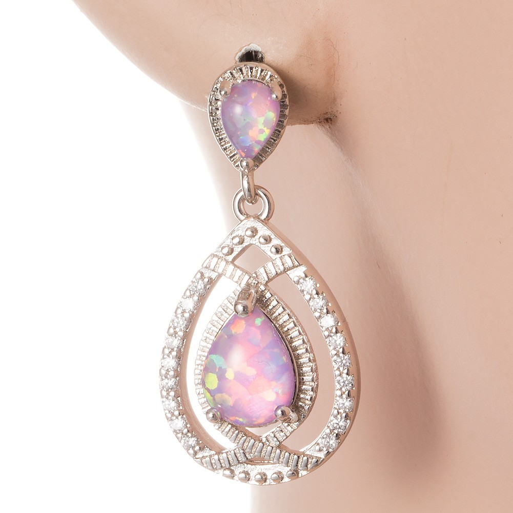 7×9 4×6 Pear Lavender Purple Fire Opal Cabochon Silver Drop Pierced Earrings