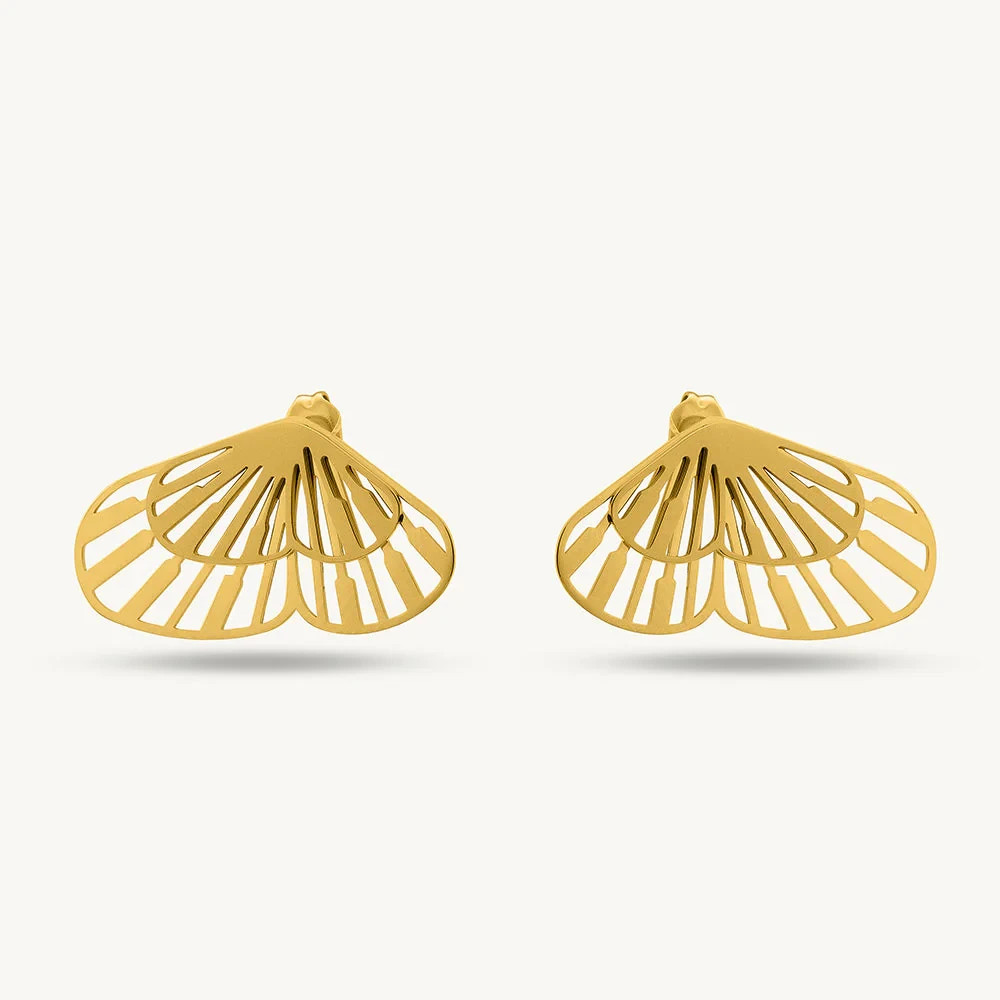 14k Gold Plated Fan Ear Jacket Earrings, Cutout Lotus Shell Front Back Earrings