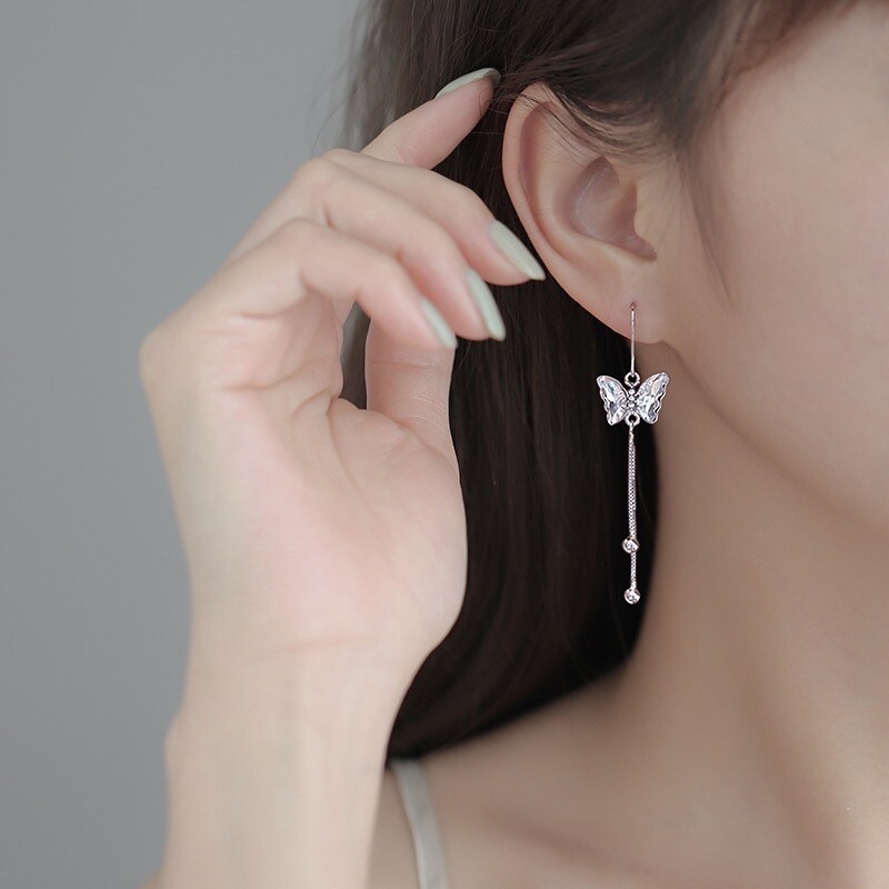 925 Silver Plated Tassel Crystal Butterfly Dangle Drop Earrings for Women