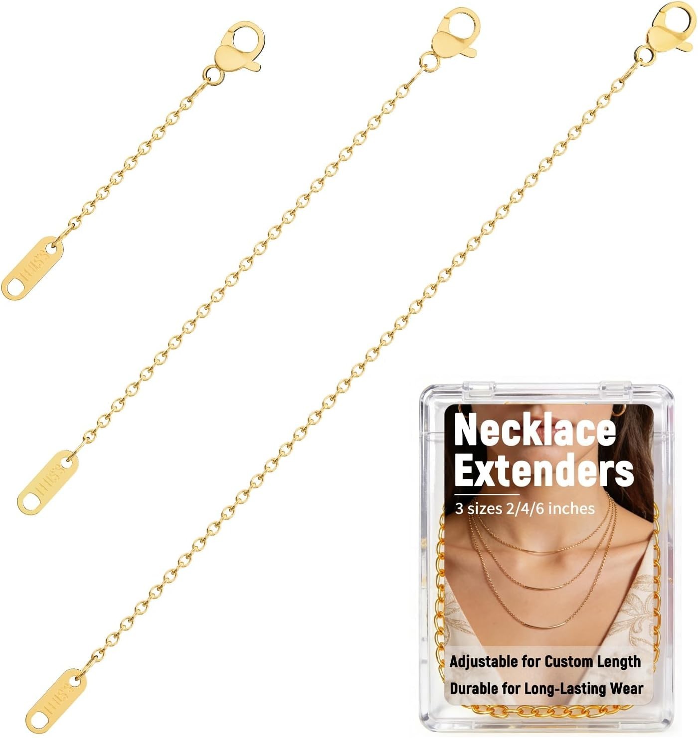 3 Pcs Necklace Extenders for Women 2″ 4″ 6″ 18k Gold Plated Chain Extenders