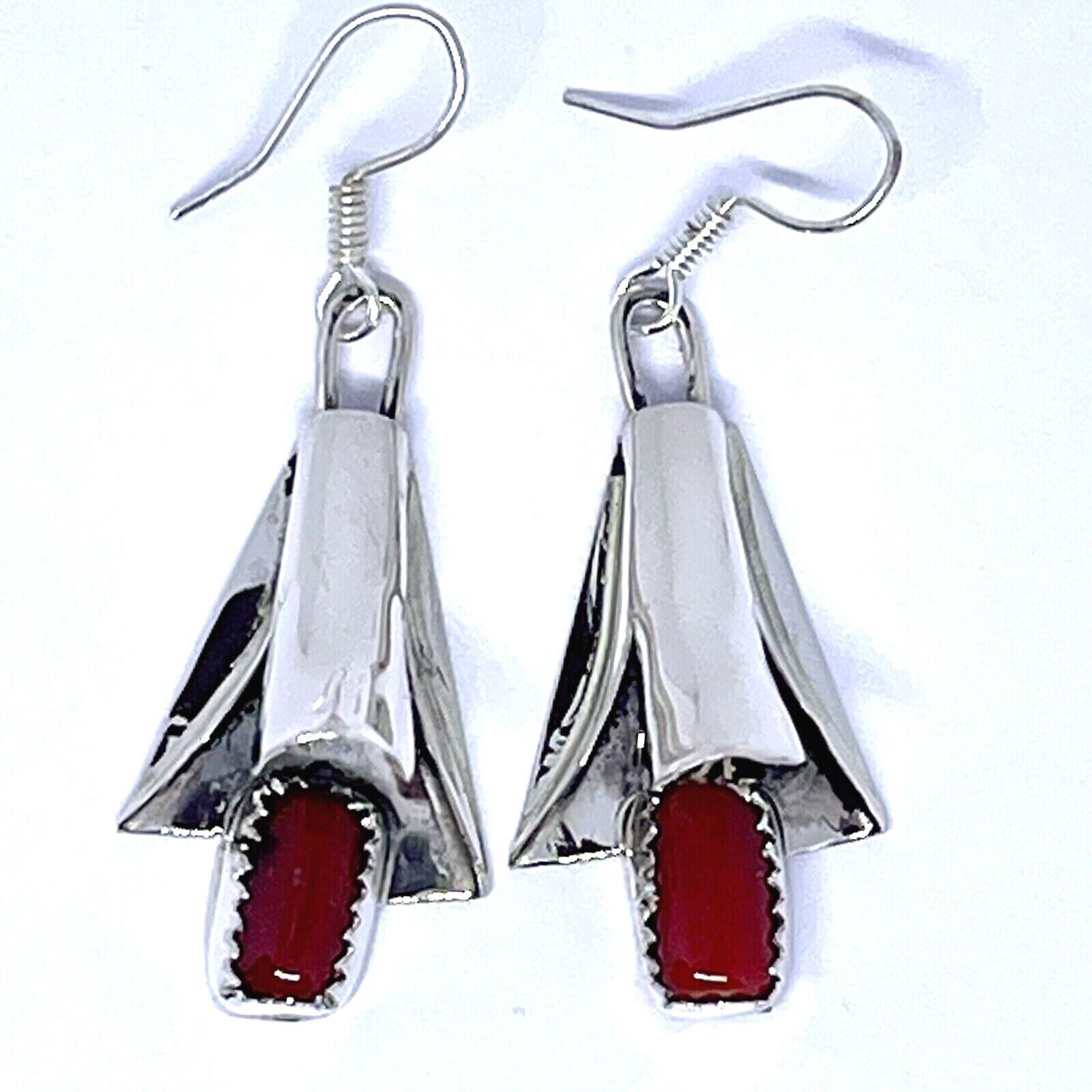 Navajo Squash Blossom Earrings Red Coral 1.75in Hook Signed LY Native Sterling