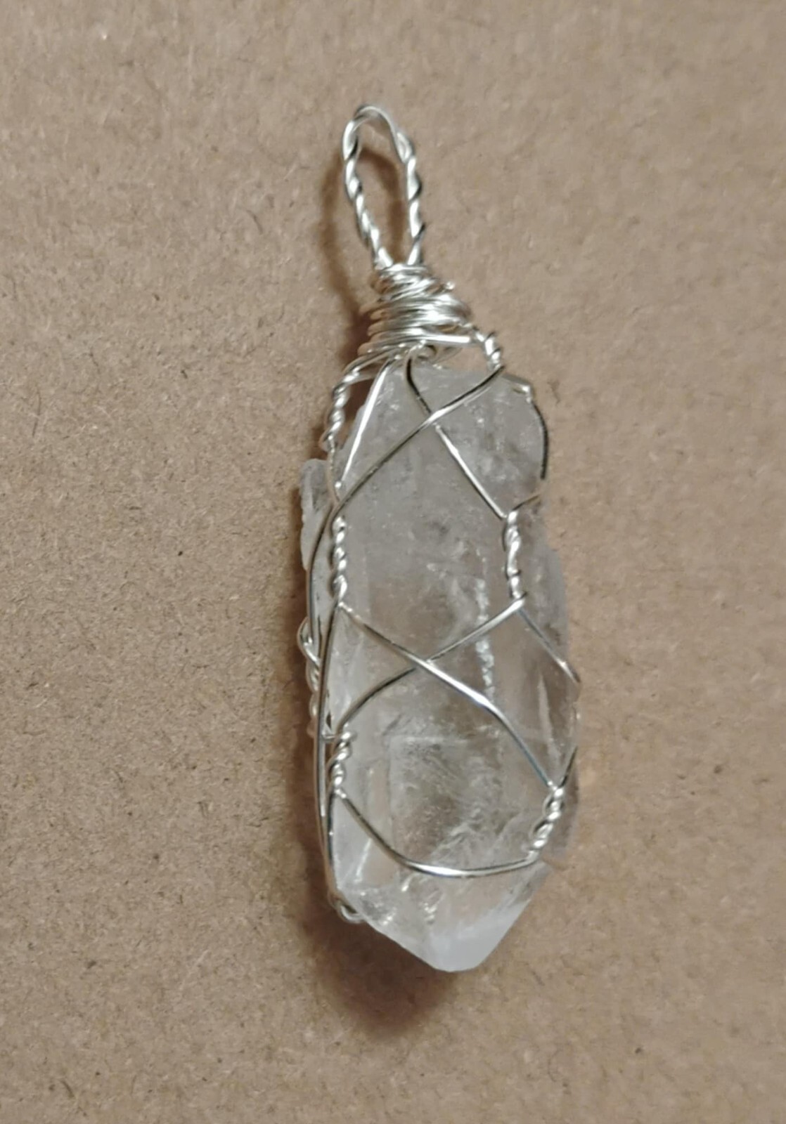 Natural Clear Quartz Crystal Point Pendant Hand-wrapped in Silver-coated Wire