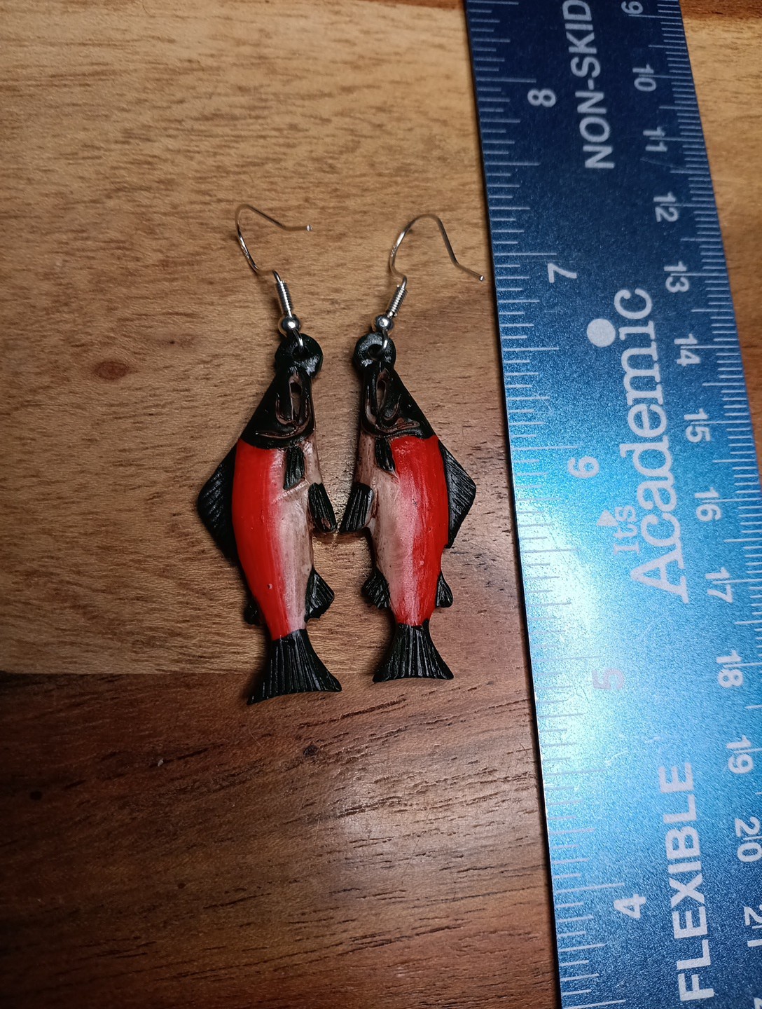 HANDMADE CARVED WATER BUFFALO BONE RED SALMON EARRINGS ALASKA BONEYARD