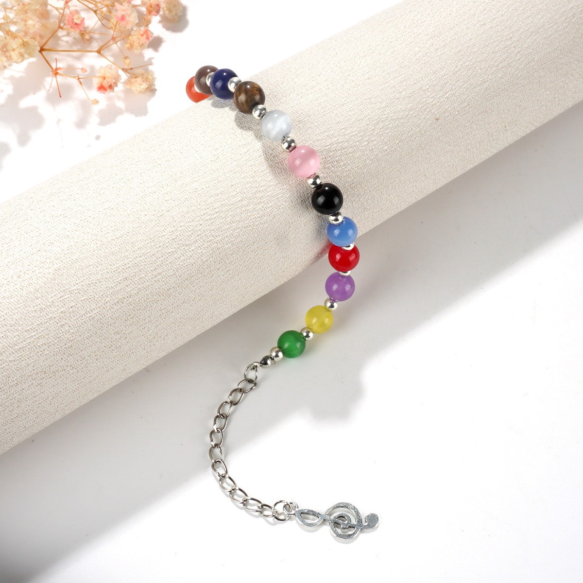 Women’s Fashion Bracelet with Exquisite Beads of Natural Rainbow Cat’s Eye