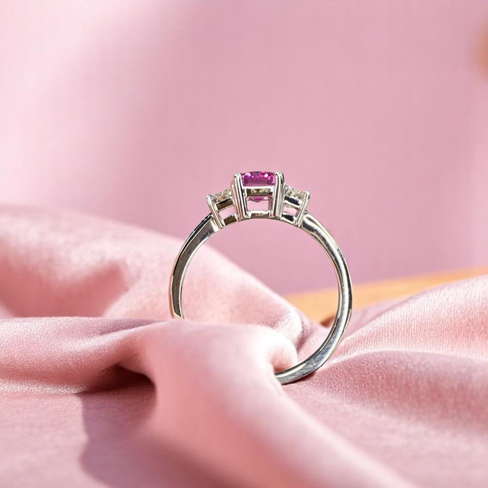14K White Gold Wedding Ring Lab Created Pink Sapphire Diamond 2.80 Carat Emerald