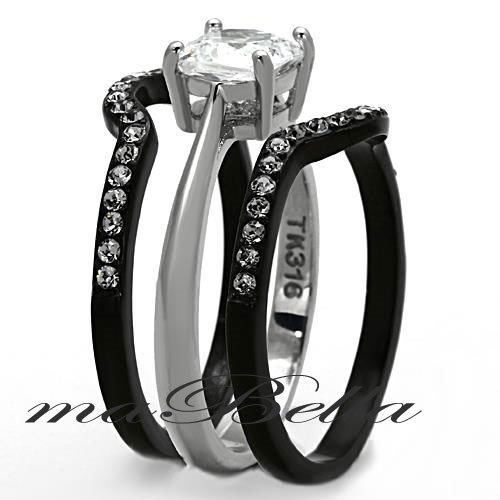 His Titanium Hers 4 Pcs Black Stainless Steel Wedding Engagement Ring Band Set