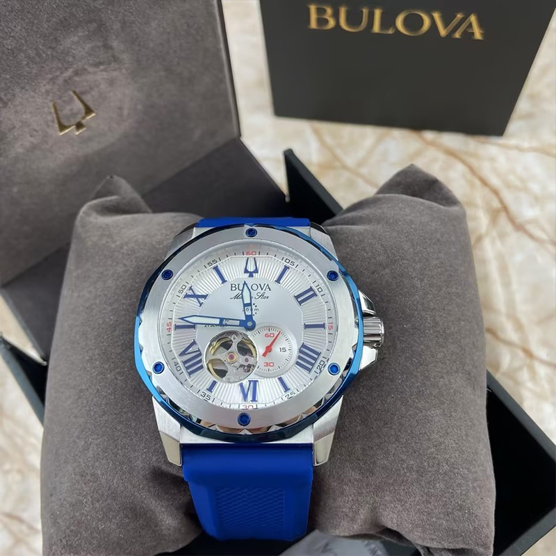 Bulova Marine Star Blue/WhiteDial Red Silicone Men’s Automatic 98A225 Watch 45mm