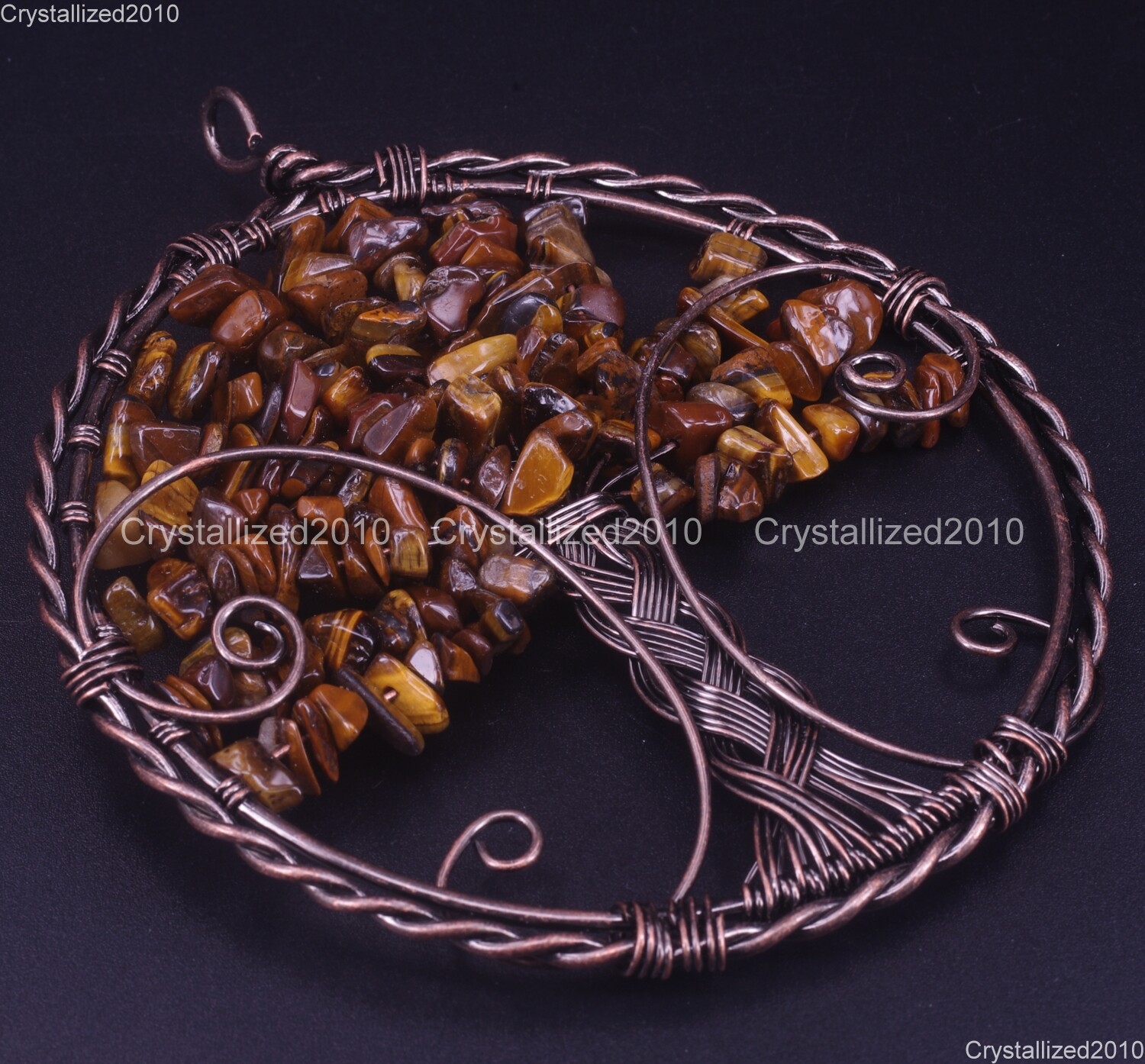 Natural Gemstone Big Round Handmade Wire Wrap Life Tree Healing Pendant Copper