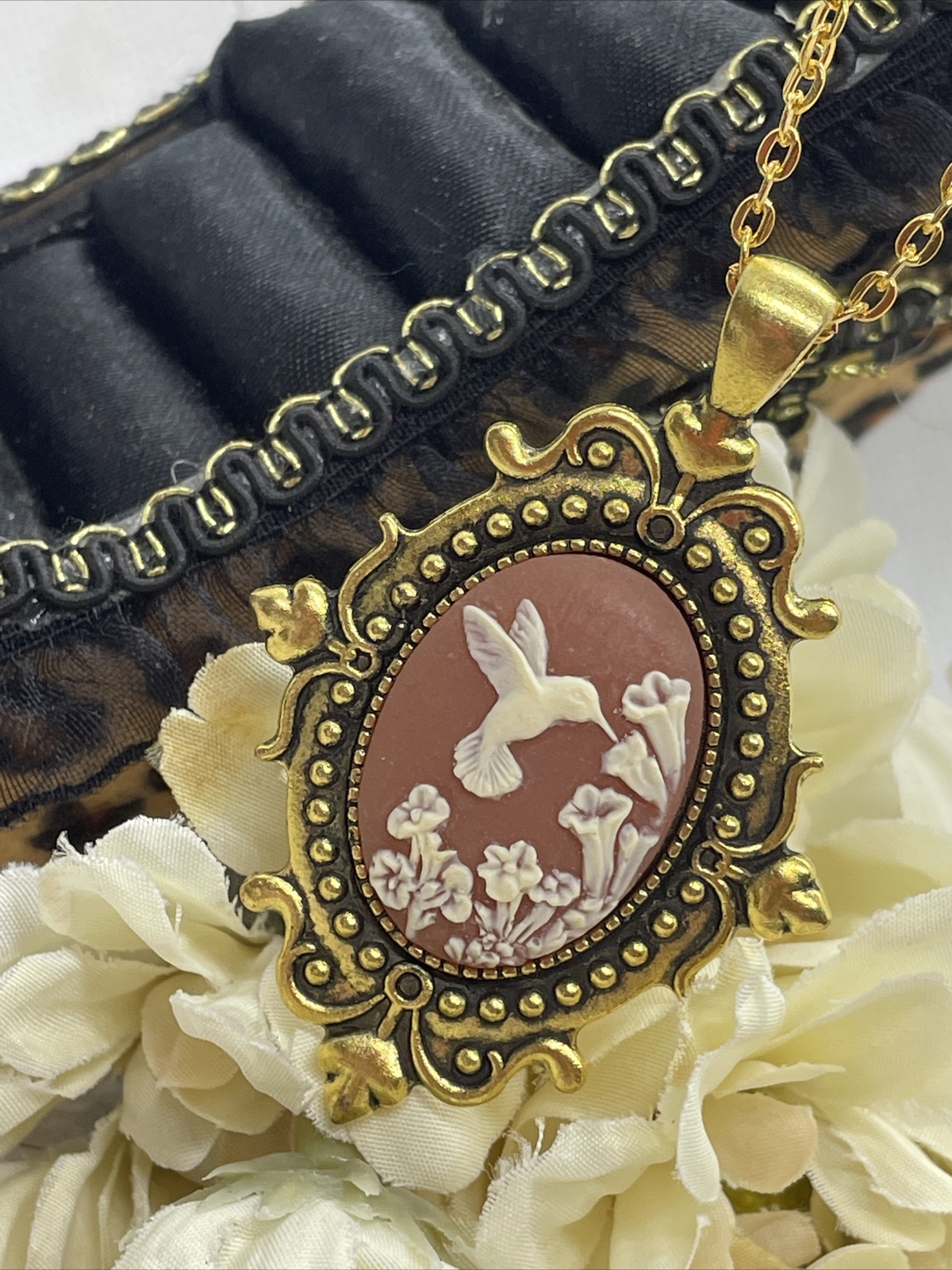 Anniversary Gold Cameo Hummingbird Easter Mother’s Day Birthday wedding Necklace