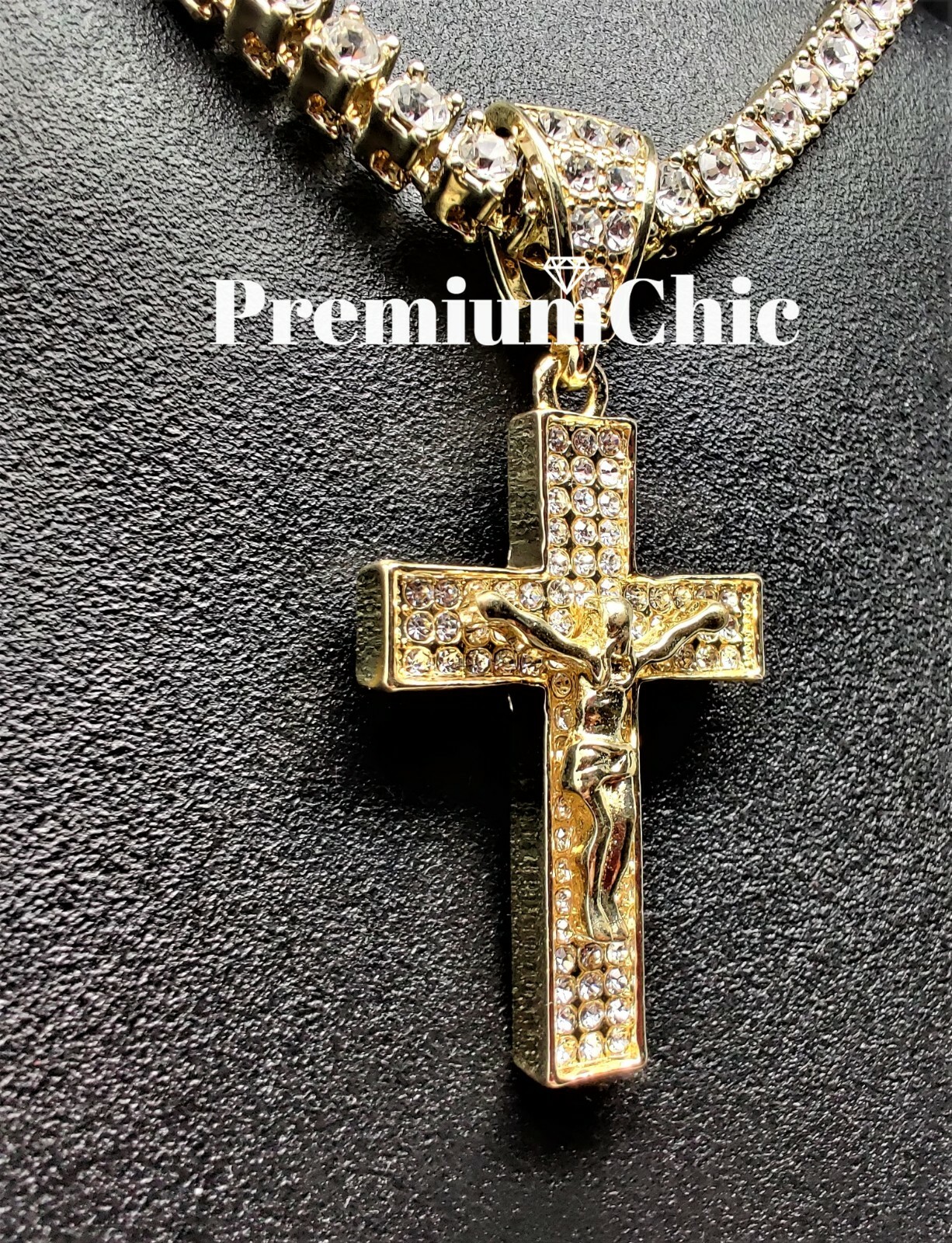 ICED Jesus Cross Pendant Necklace w Rope or Tennis Chain Mens Plated CZ Jewelry