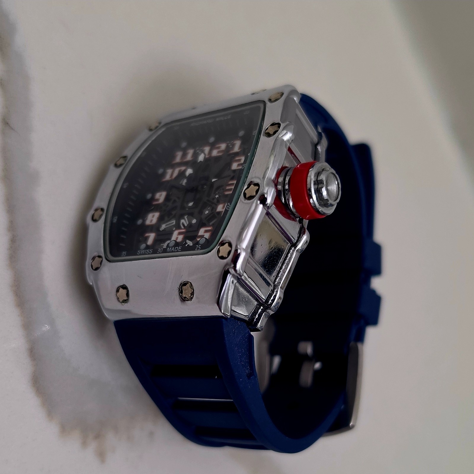 Men’s Sport Analog Tonneau Wristwatch Skeleton Black Dial Blue Rubber Strap