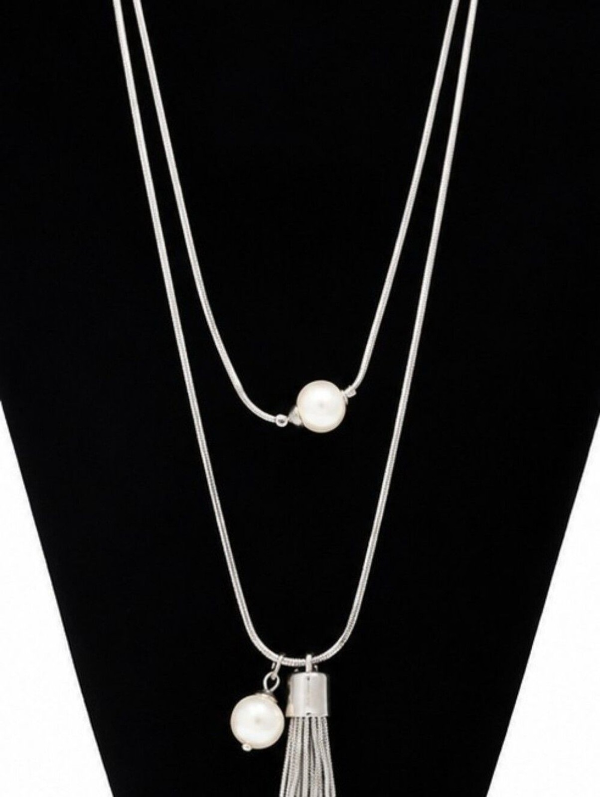 White House Black Market Silver Tone Tassel Necklace Faux Pearl Long Statement