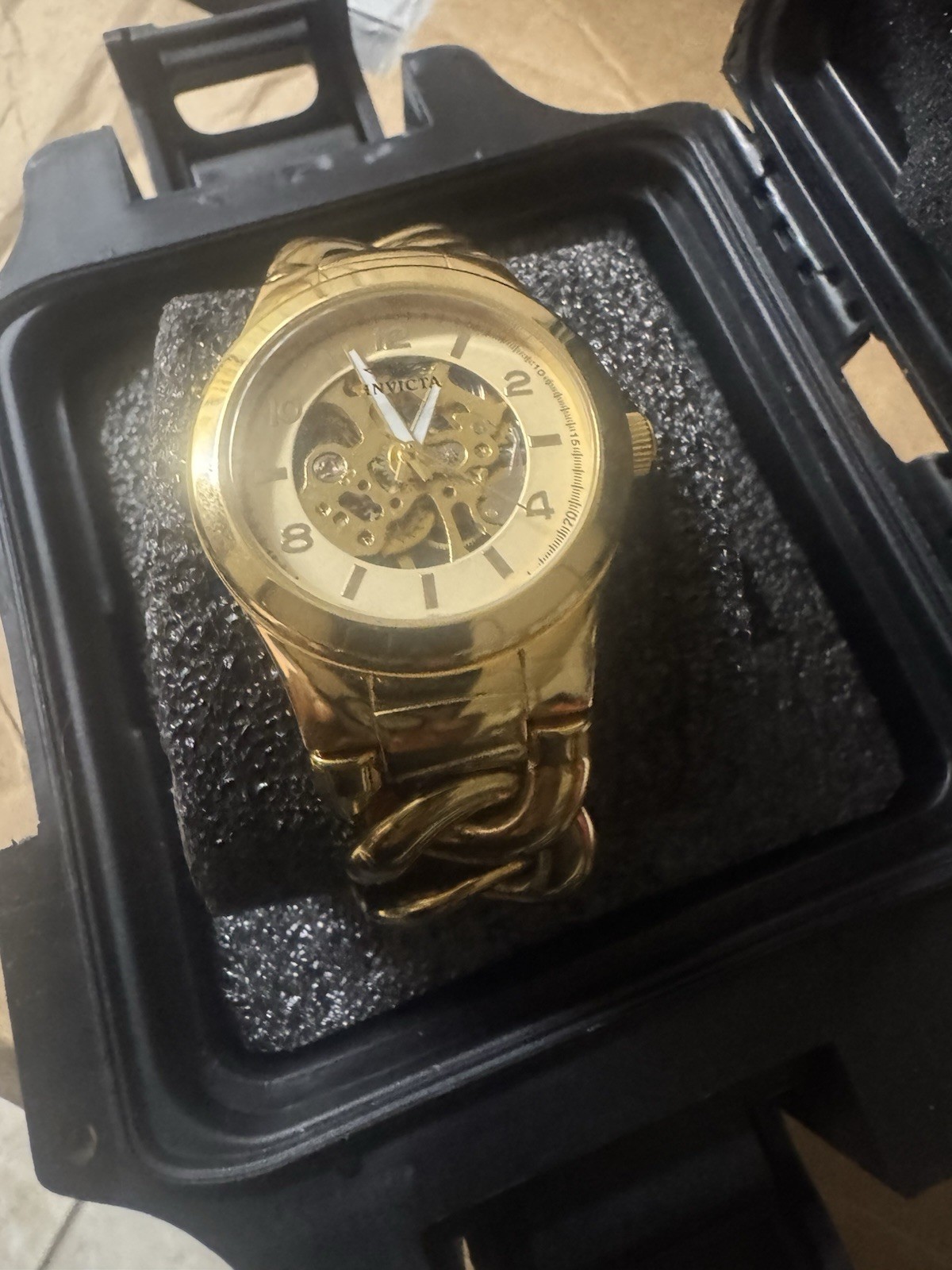 Invicta Angel Gold Tone Cuban Link Skeleton Automatic Watch 44mm 20 Jewels