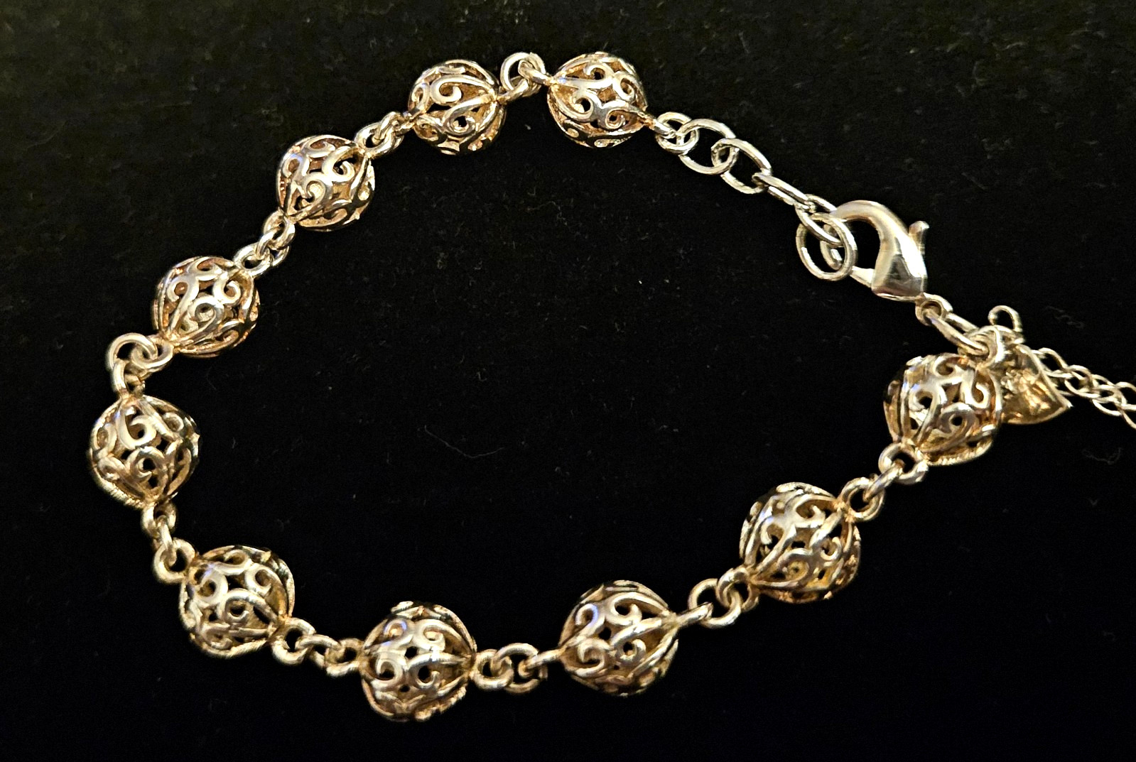 STERLING SILVER 925 Open Weave Ball Bead Bracelet 6.5″ 7″ Adjustable 10 gr