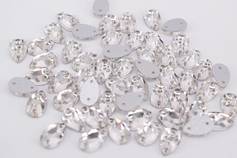 100 pcs Glass Crystal Clear Sew On Rhinestones Tear Drop Flatback Size Selection