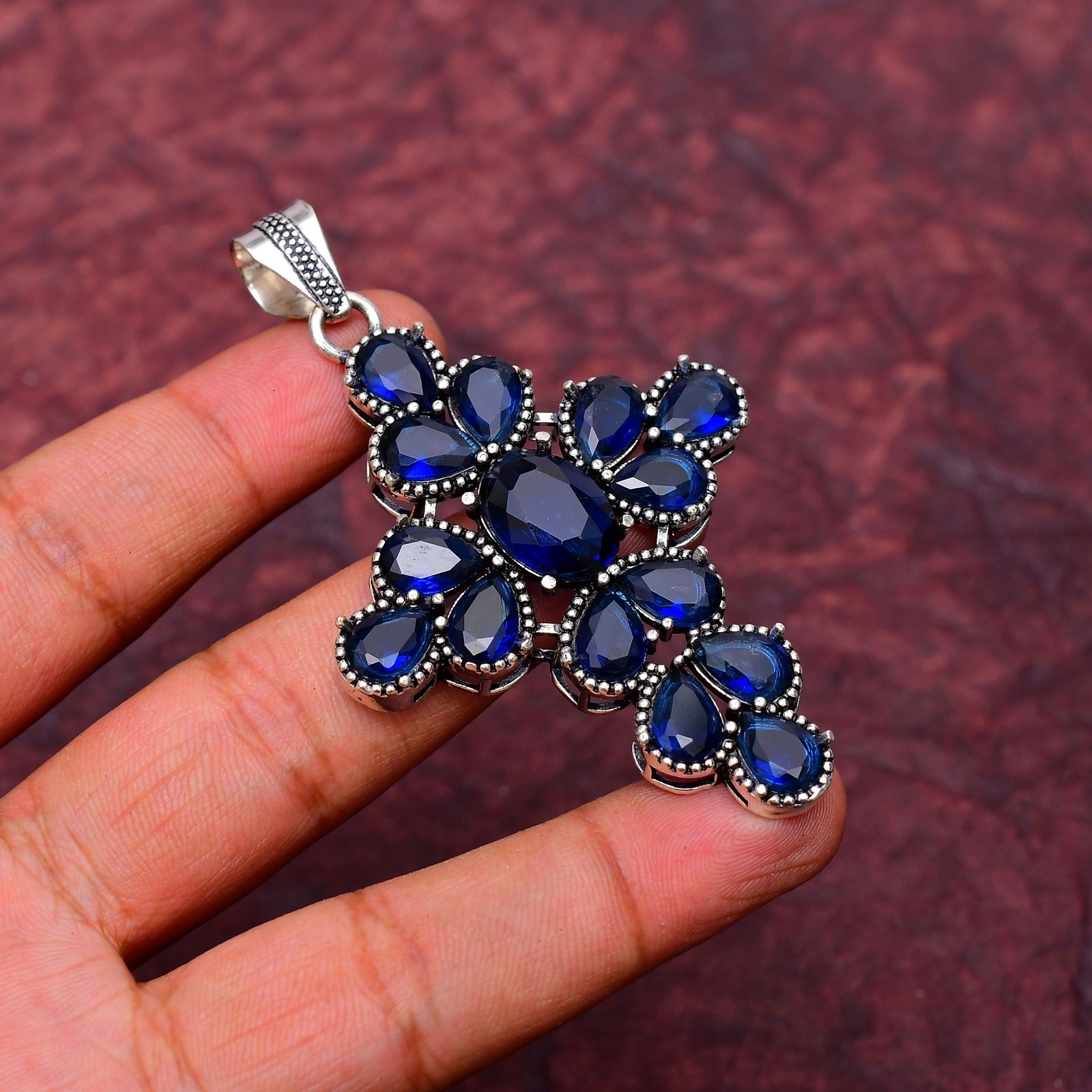 Blue Sapphire(Lab-Created) Gemstone 925 sterling silver Handmade Pendant : 2.75″