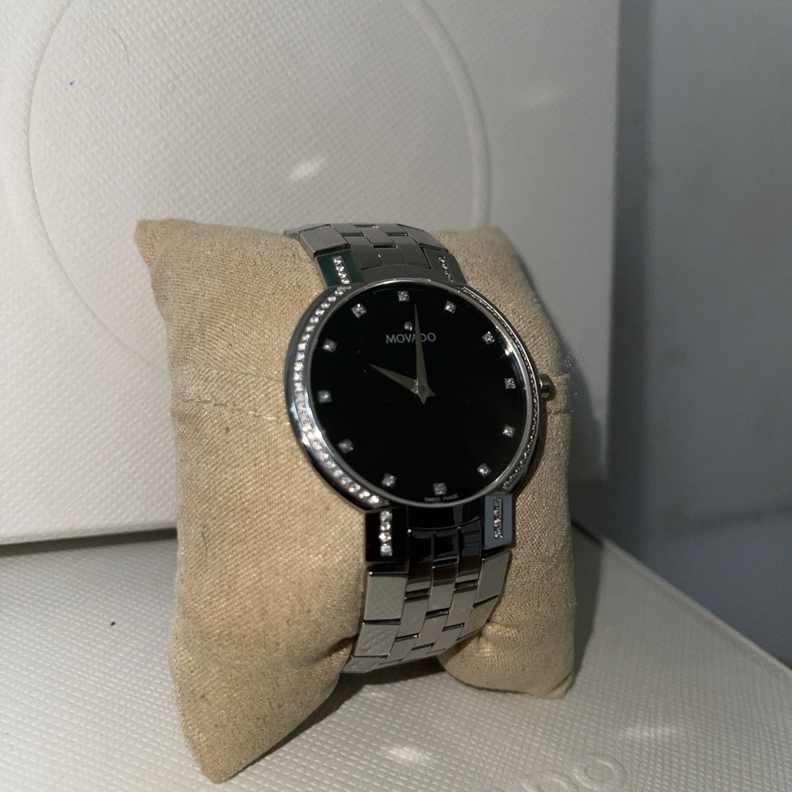 Womens Movado Faceto Black Dial Stainless Steel With Diamonds