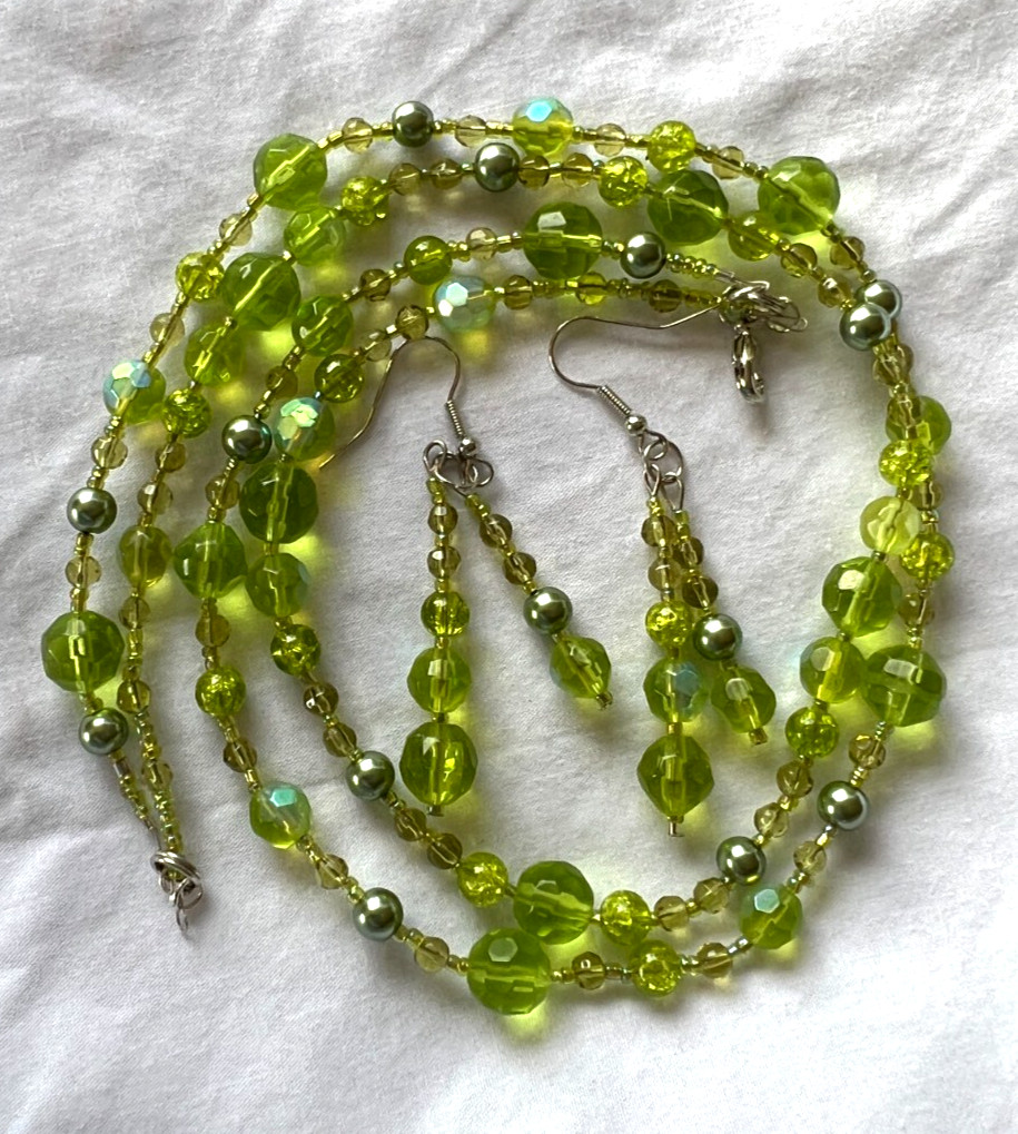 Beaded 2 Strand Necklace 17 1/2 Inches Dangle Earrings Glass Beads Pastel Green