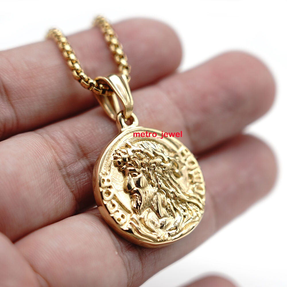 JXC Mens Womens 14k Gold Plated Tone Jesus Head Face Pendant Necklace For Men