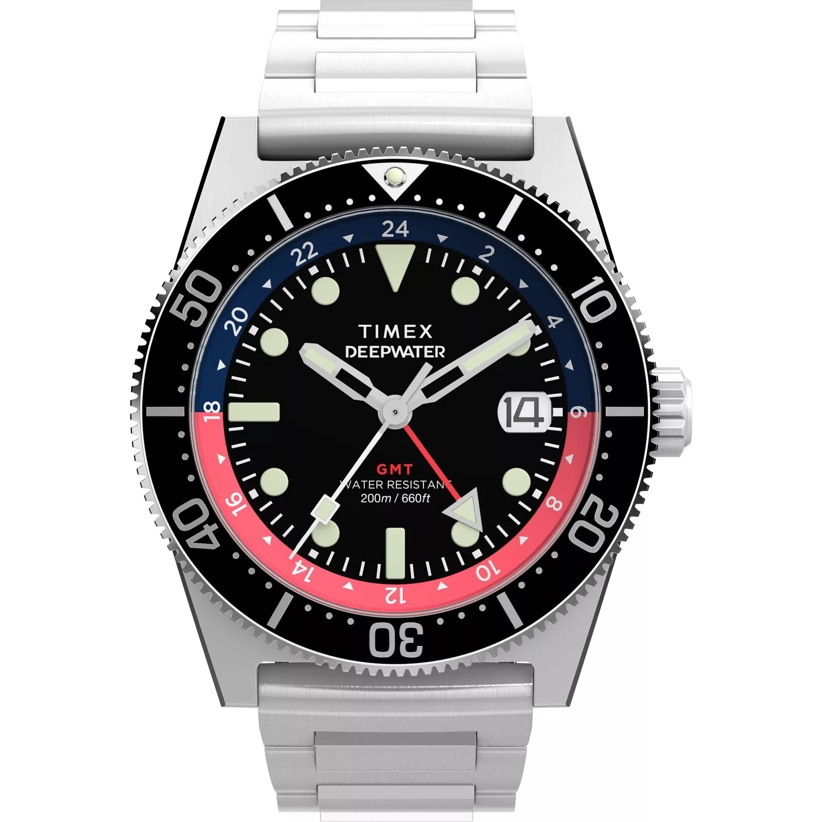 New Timex TW2W95300 Deep Water Reef 200 GMT black red blue silver Men’s Watch