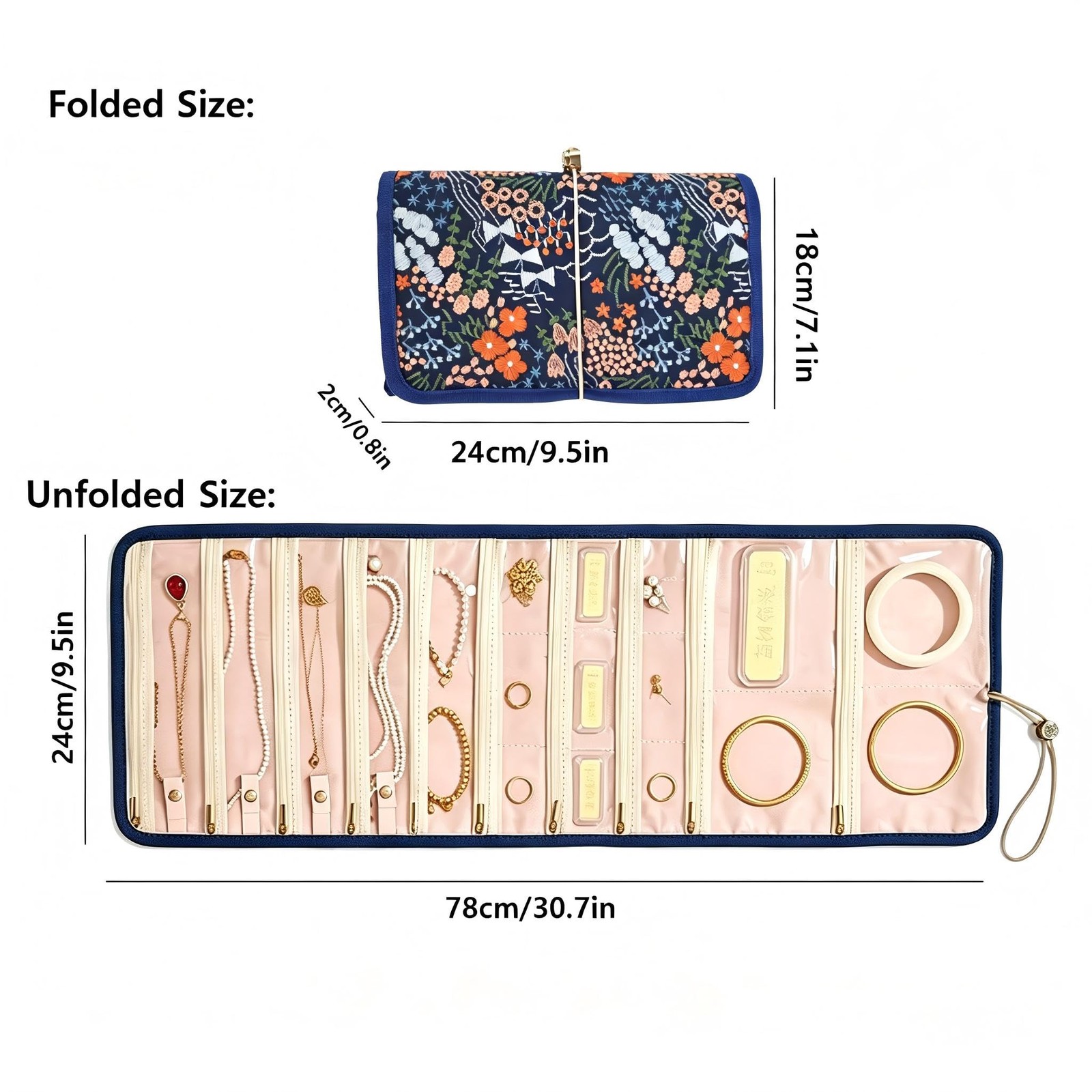 Embroidery Jewelry Roll Organizer Travel Jewelry Storage Roll Case Foldable S…