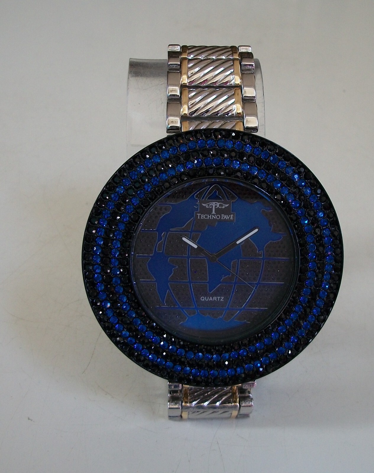 Men’s Black, Gold & Silver Finish Blue, Black Bling Fashion World Map Dial Watch