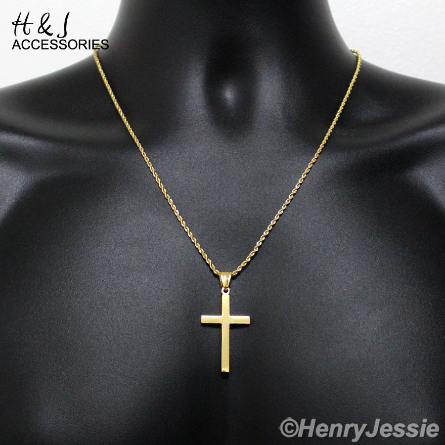 20″Stainless Steel 1.5mm Gold Plated Rope Chain Necklace Simple Cross Pendant*GP
