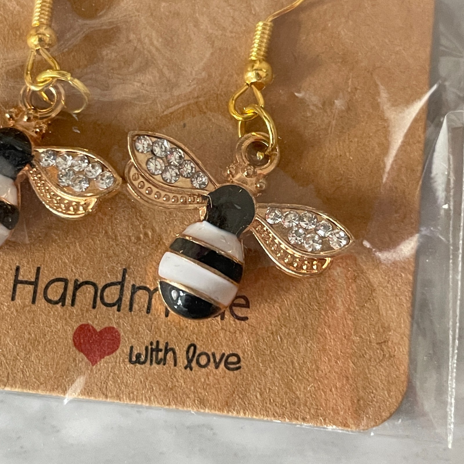 Pocket Hug – Handmade Earrings Gold Tone Large Bee Charm Drop Hook Gift