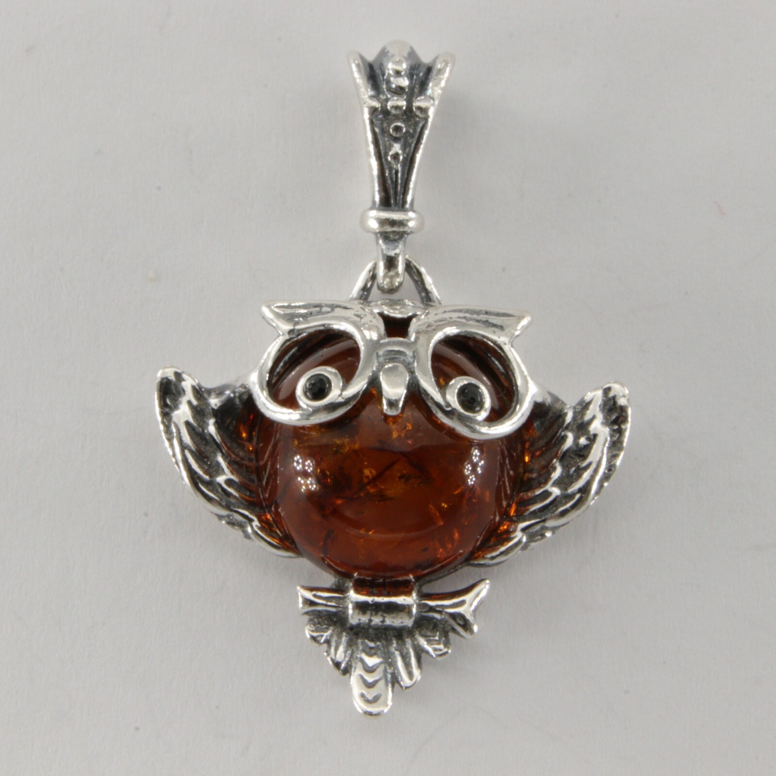 Cognac / Brown BALTIC AMBER Smart Owl Pendant 925 STERLING SILVER Poland #3511e