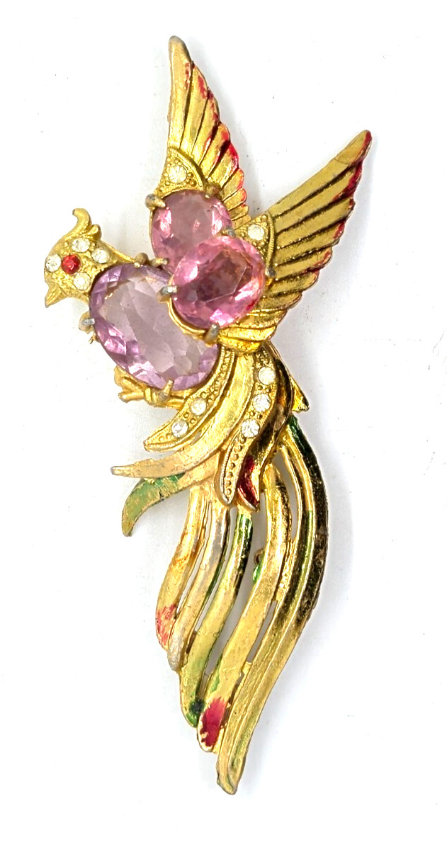 Bird Of Paradise Vintage Brooch/Pin Gold Tone – Amethyst & Pink Colored Stones