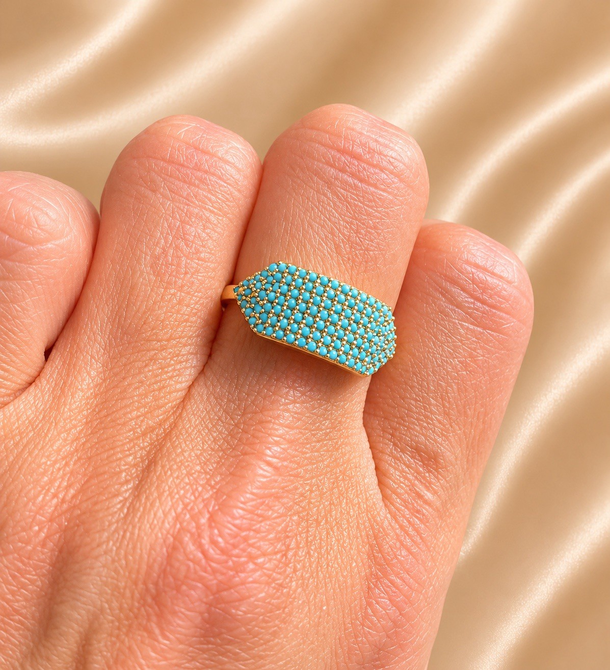 Turquoise Pave Statement Ring Size 7 Gold Tone Wide Band Blue Stone Womens