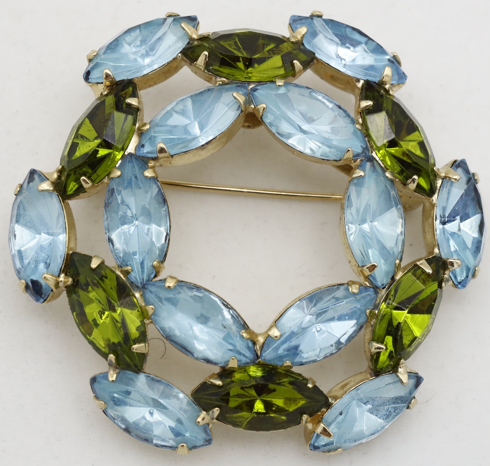 Olivine Green & Aquamarine Blue Wreath Circle Navette Prong-Set Brooch Pin