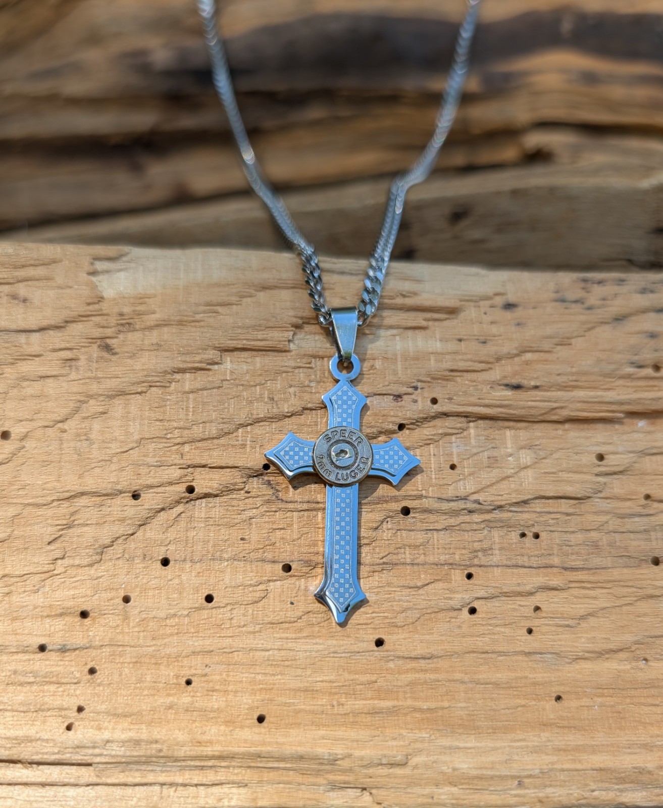 Stainless Steel Cross Necklace with 9mm Bullet. Optional Crystal.