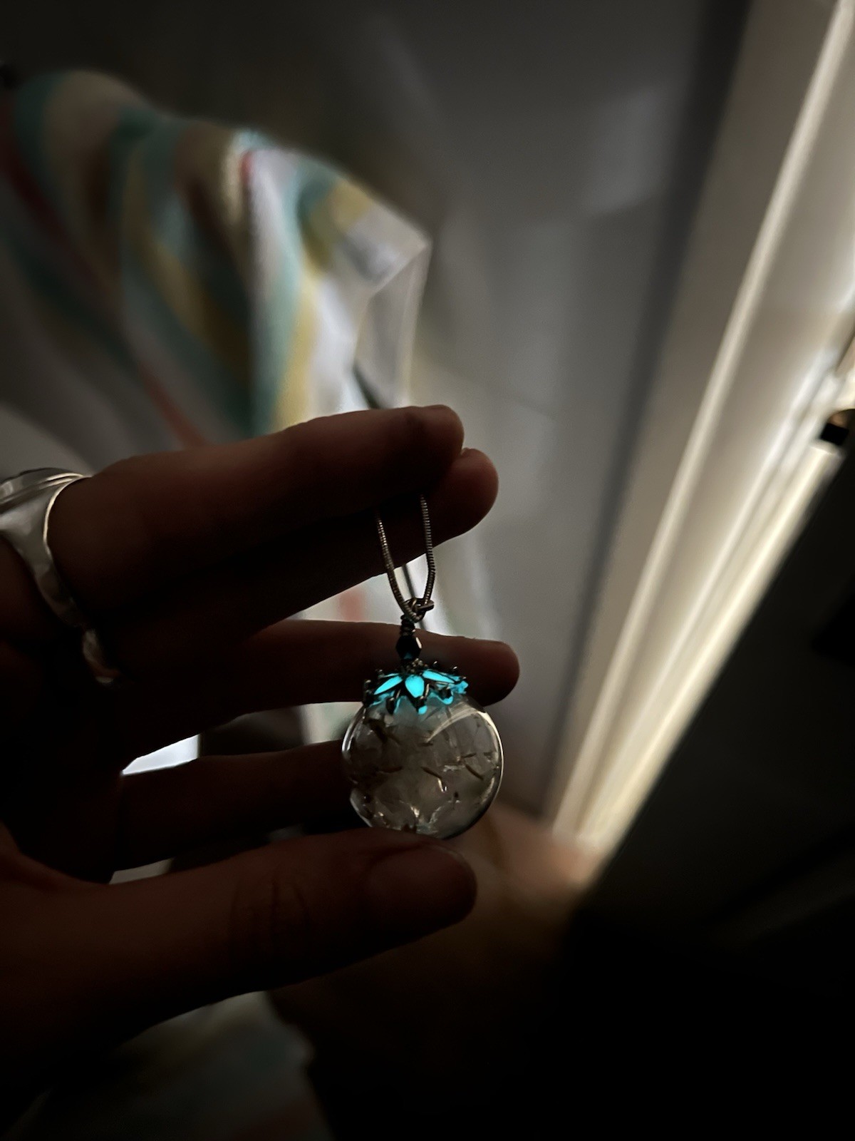 Sterling Silver 925 Real Dandelion Seed Glass Globe Necklace Glow in the Dark
