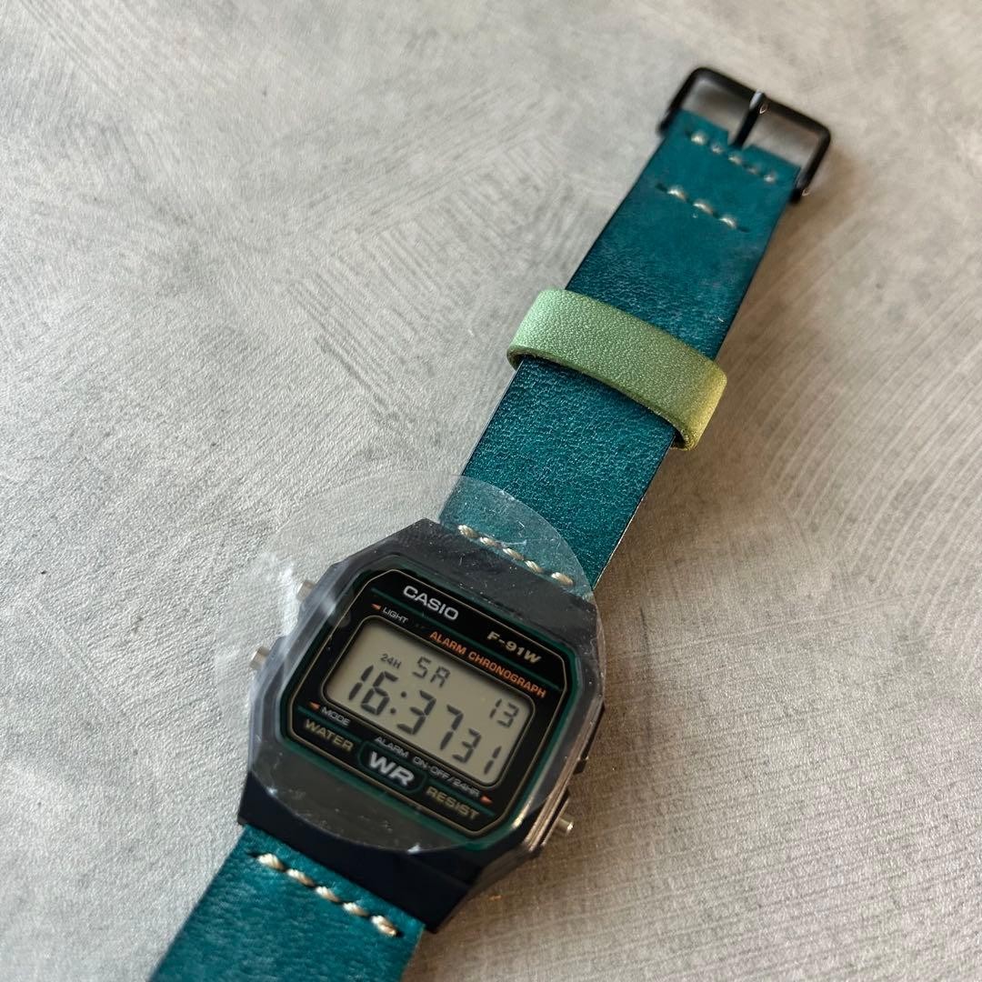 CASIO F 91W leather belt custom Marugo wax turquoise