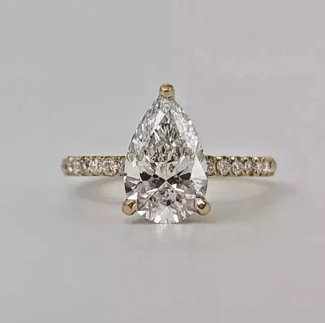 2.90 Ct Pear Cut White Moissanite Engagement Wedding Ring 14K Yellow Gold FN